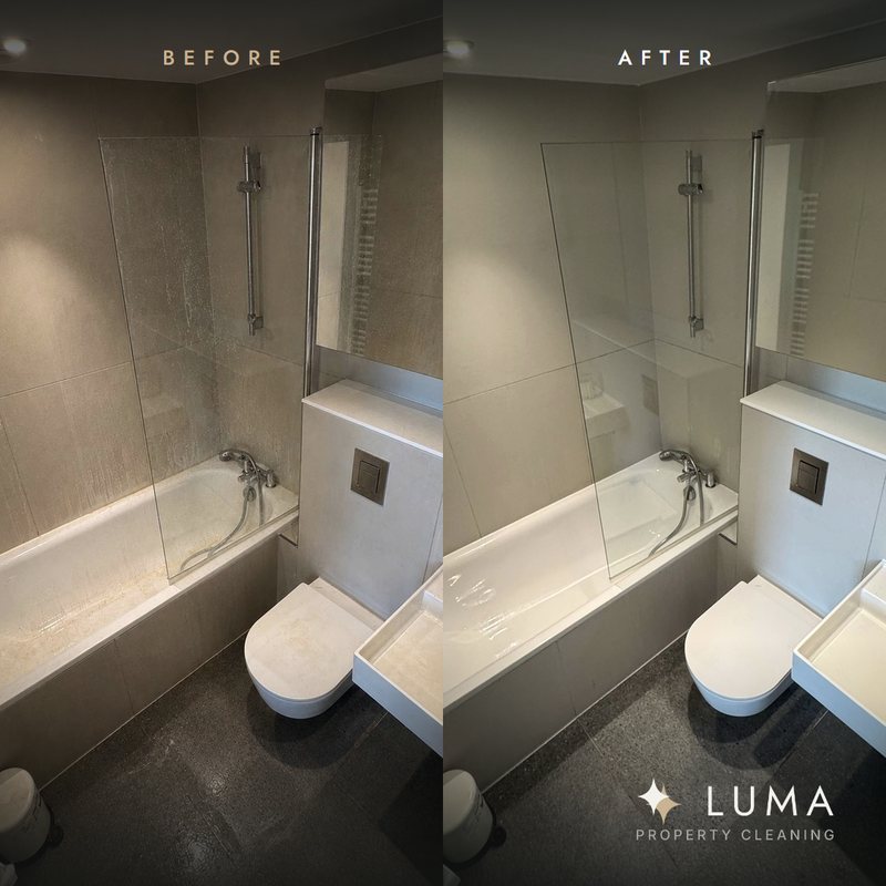 Bathroom before and after cleaning, side by side