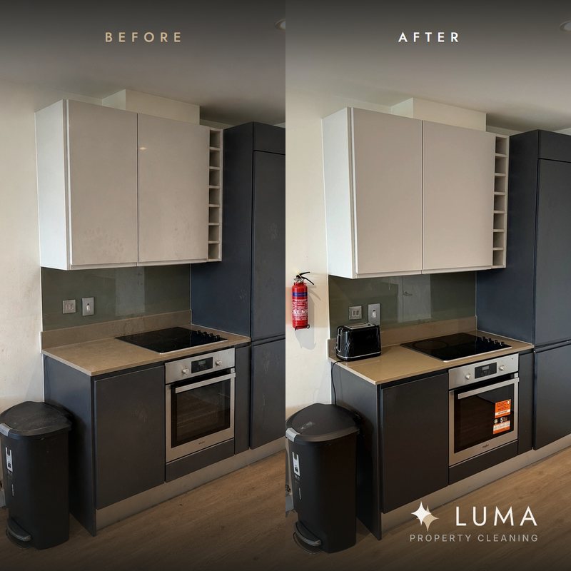 Kitchen units, worktop and splashback before and after cleaning, side by side
