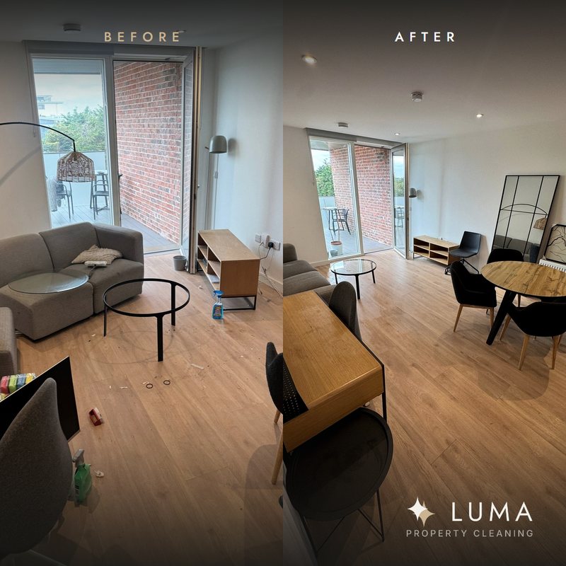 Living room before and after cleaning, side by side