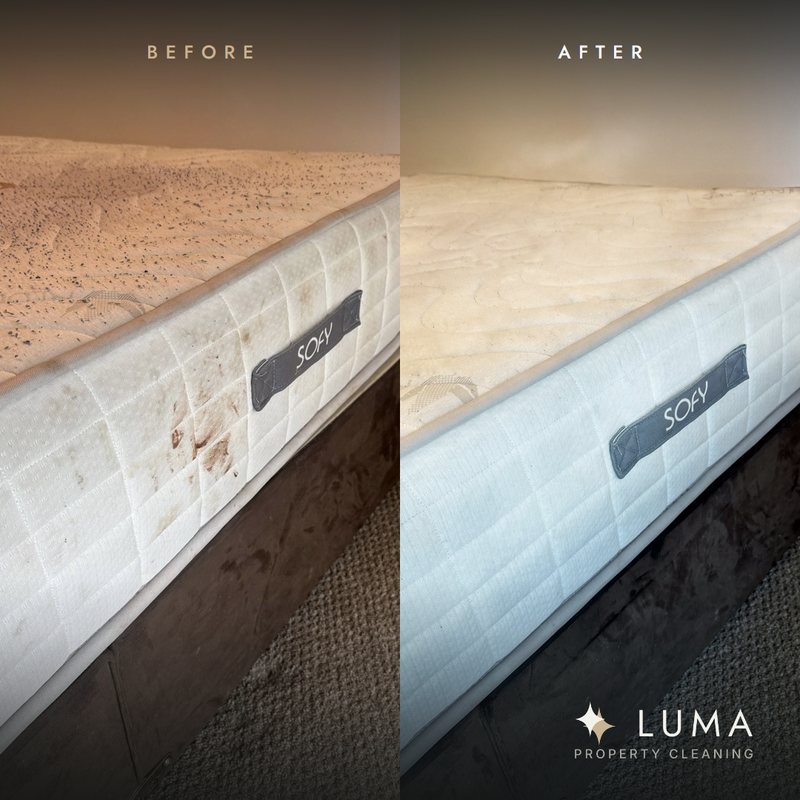 Mattress before and after cleaning, side by side
