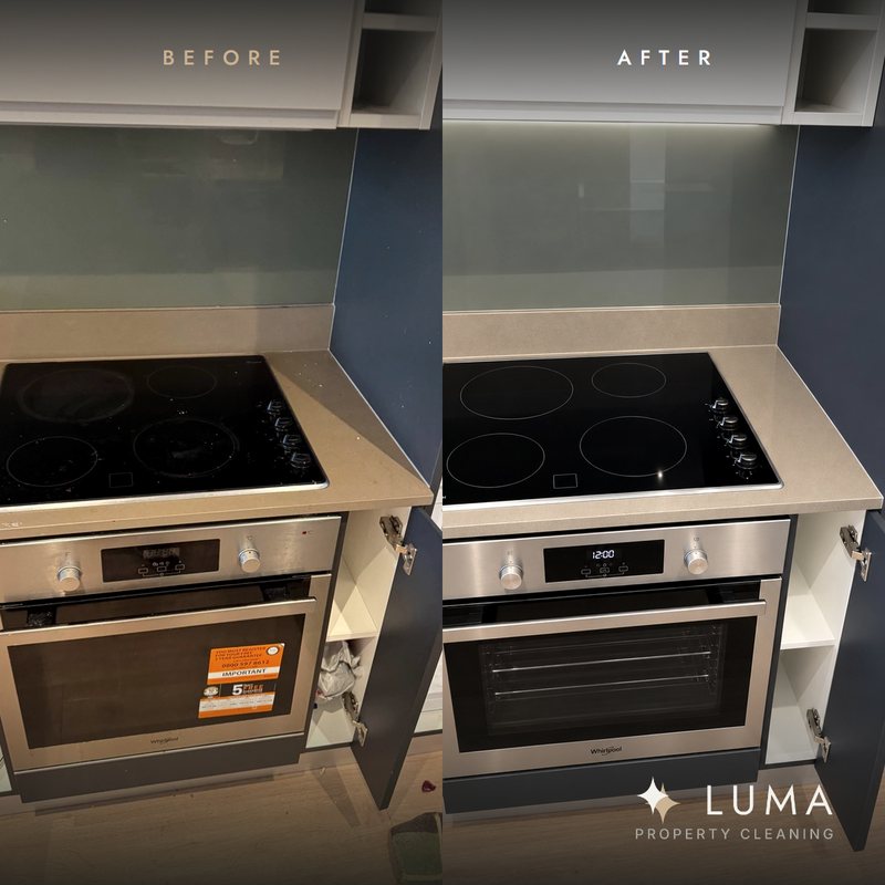 Hob and oven before and after cleaning, side by side