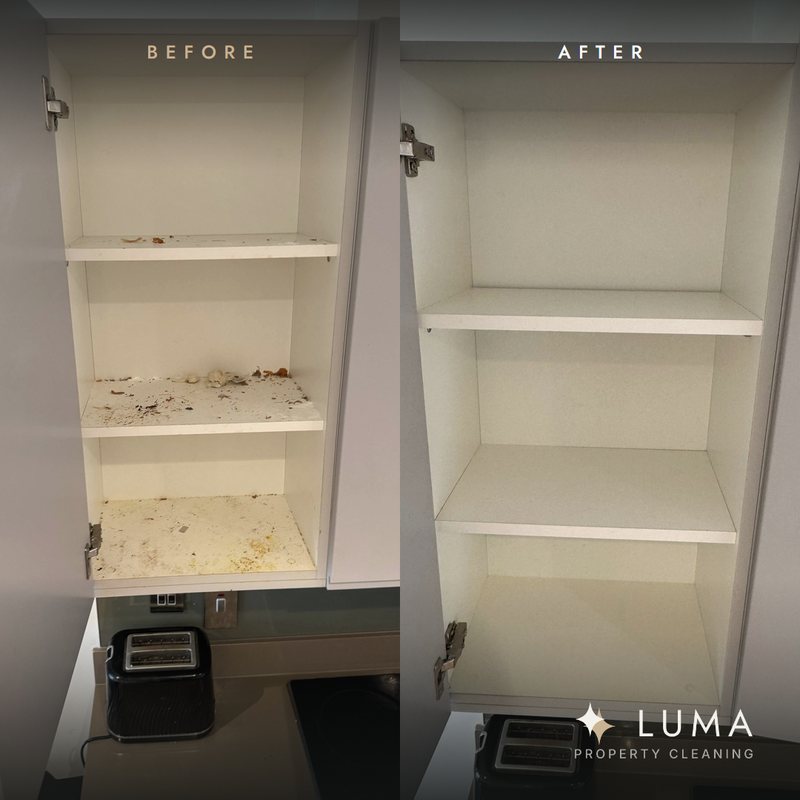 Inside a kitchen wall cupboard before and after cleaning, side by side