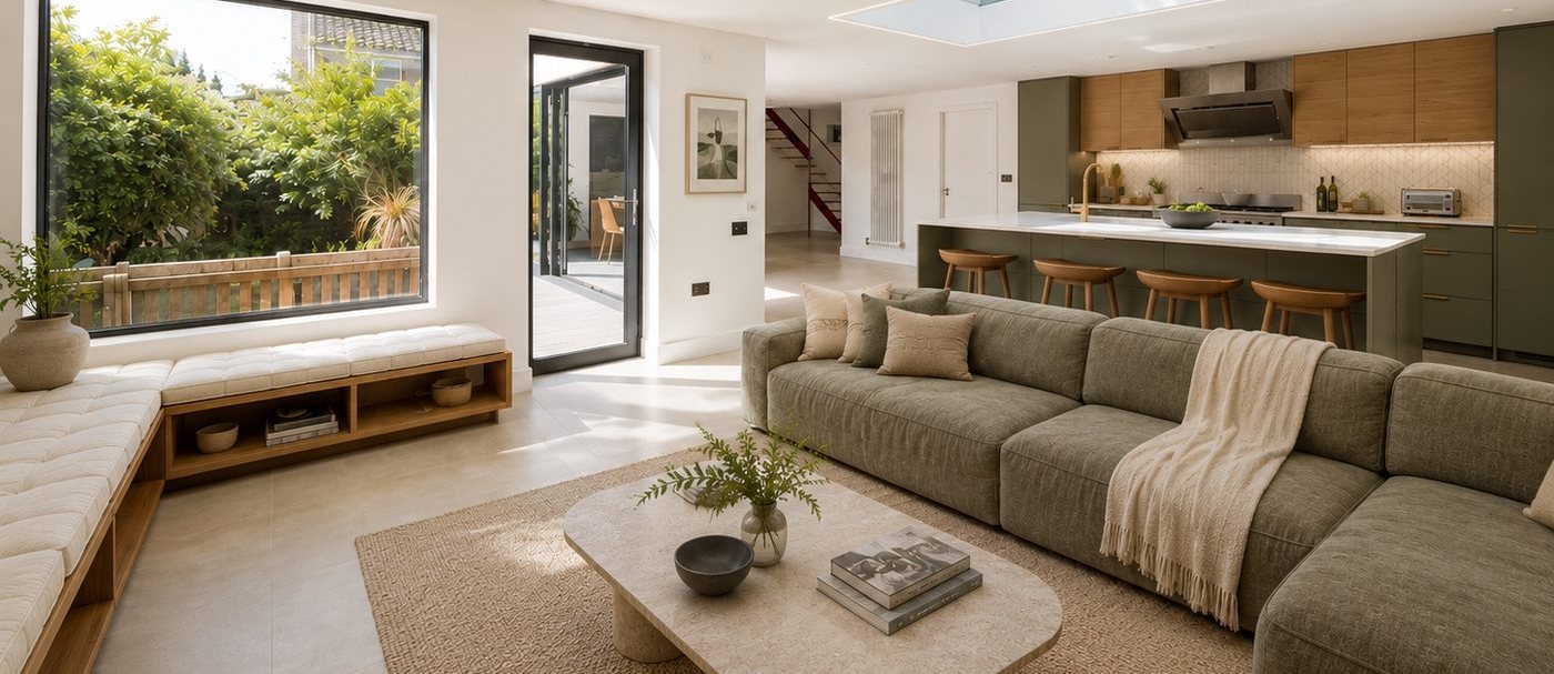 Living room with a large fabric sofa and a jute rug after a professional upholstery clean