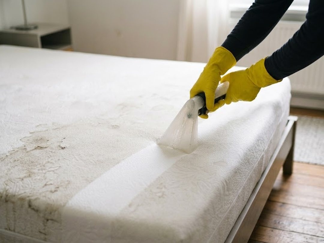 Mattress being cleaned with an extraction tool, a clean strip showing against the soiled surface