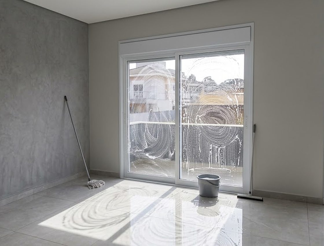 Glass doors and floor being cleaned in empty premises before opening